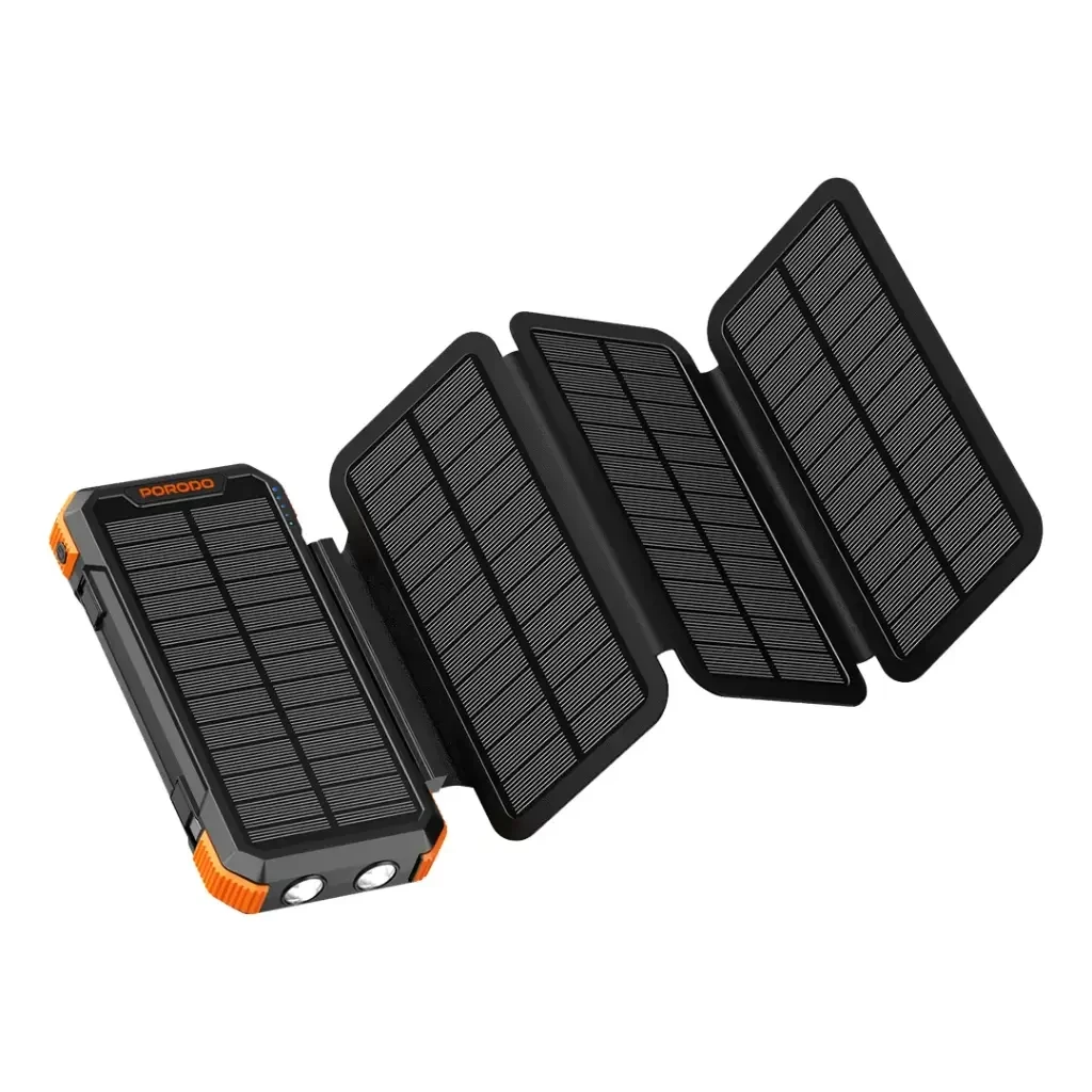 Porodo 20000mAh 4-Panel Solar Power Bank with 3 Detachable Panels & Torch Light (PB070) Black