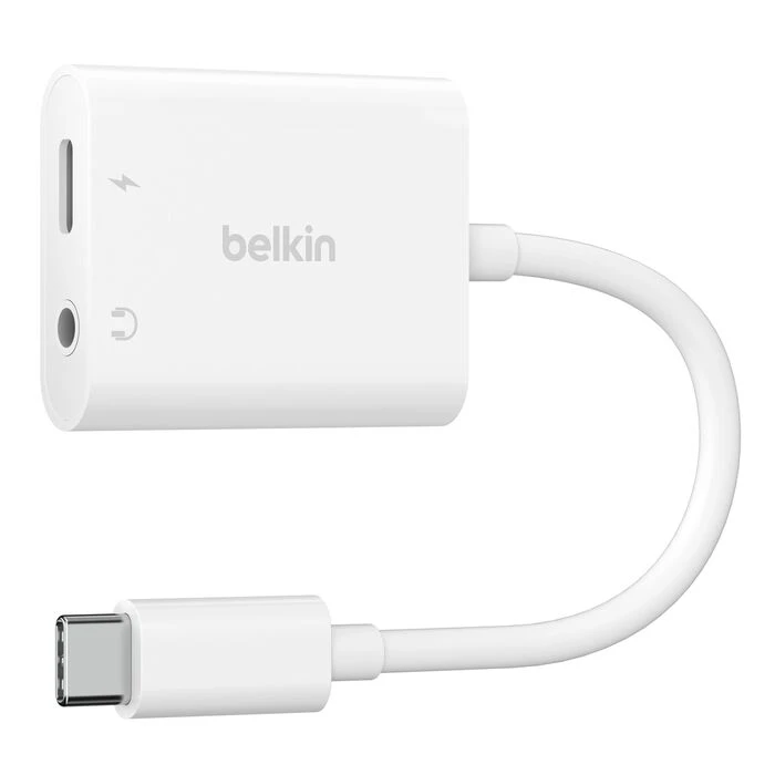 Belkin Rockstar USB-C to 3.5mm Audio + USB-C Charge Adapter - White