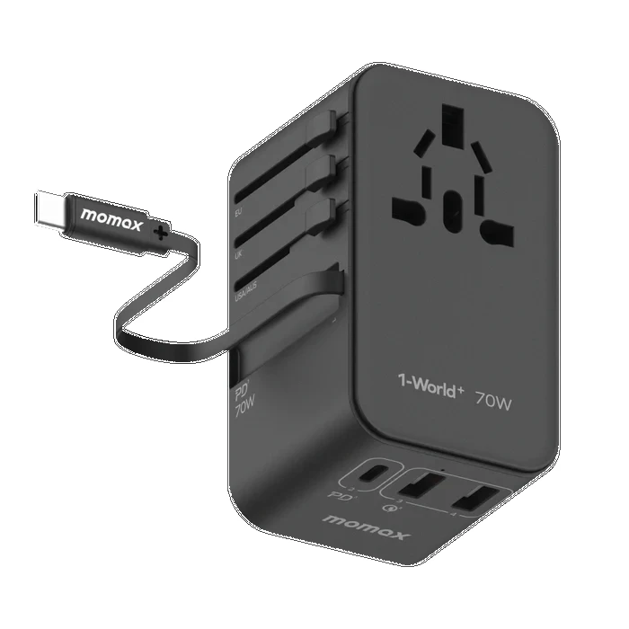 Momax 1-World+ 70W GaN 3-Port + AC Travel Adapter with Retractable USB-C Cable -Black