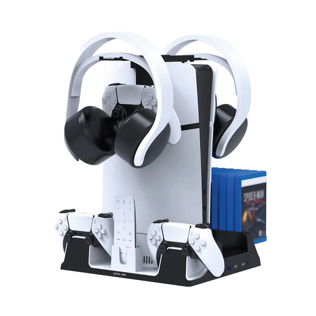 Green Lion PS5 Cooling Stand Charging Station with 14 Disc Storage (GPX380) White