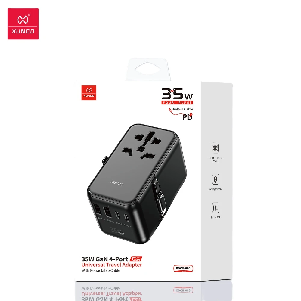 XUNDD 35W GaN 4-Port Universal Travel Adapter with Built-in USB-C Cable (XDCH-089) Black