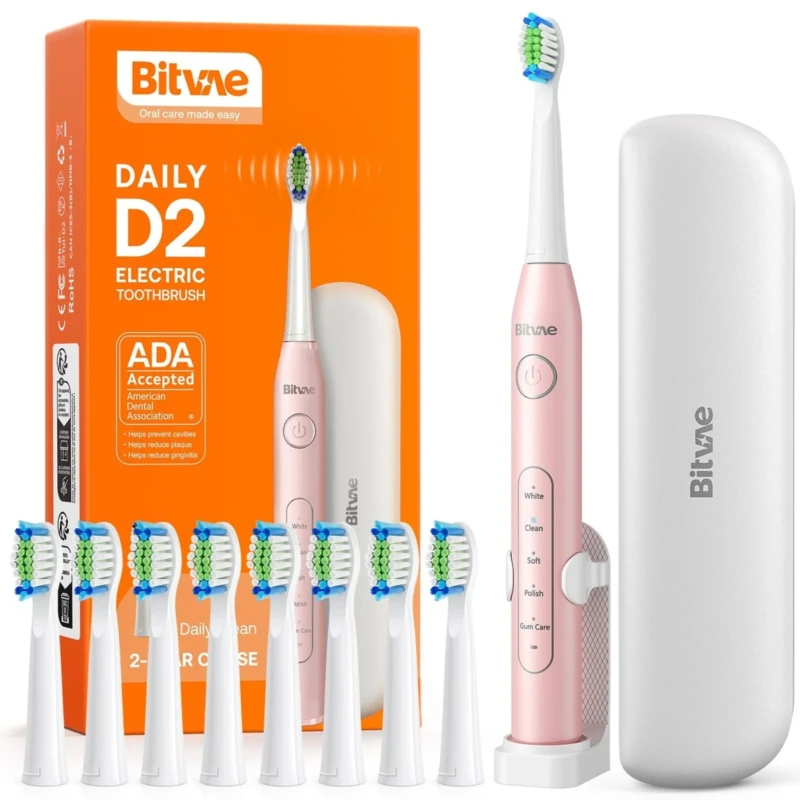 Bitvae D2 Electric Toothbrush with 8 Brush Heads - Pink