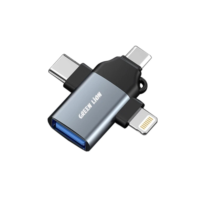 Green Lion 3-in-1 OTG Adapter with Lightning, Micro, Type-C & USB-A Connector Types - Gray