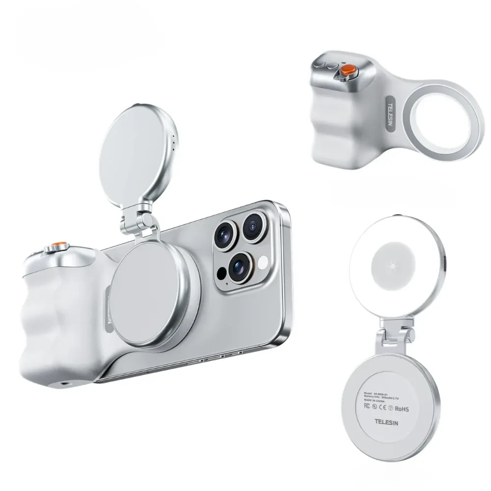 Telesin Fun Shot Magnetic Phone Camera Grip + C03 Magnetic Selfie Light (Silver) Bundle Kit