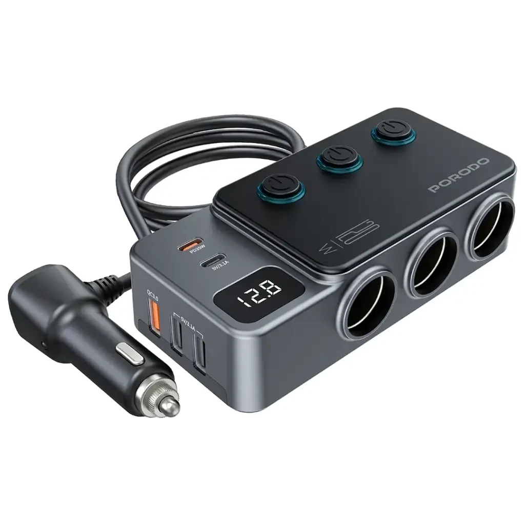 Porodo 120W Car Charger Hub with Triple-Port Lighter Socket - Dark Gray