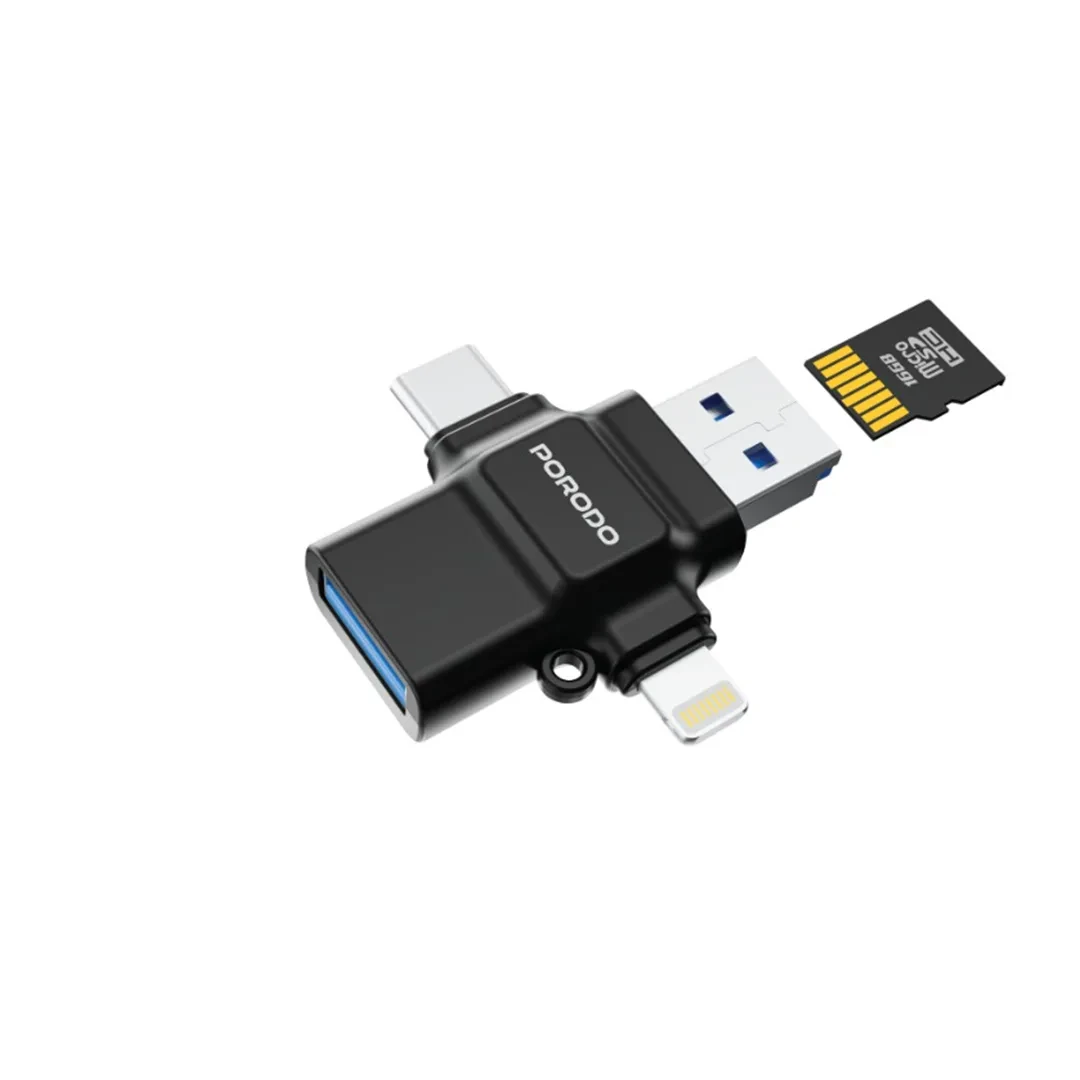Porodo 4-in-1 OTG Adapter, TF Card Reader (PD-ETK09-BK) Black