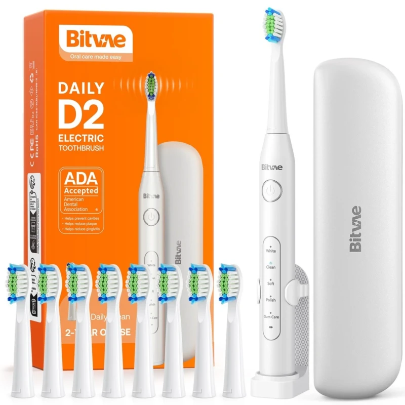 Bitvae D2 Electric Toothbrush with 8 Brush Heads - White