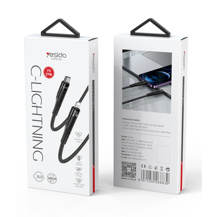 Yesido 27W PD Fast Charge USB-C to Lightning Cable - 3m (CA115) Black