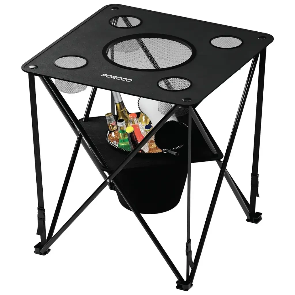 Porodo Outdoor Companion Foldable Camping Table with 4 Cup Holders and Insulated Coolers - Black