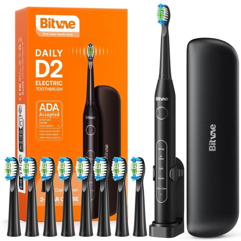 Bitvae D2 Electric Toothbrush with 8 Brush Heads - Black