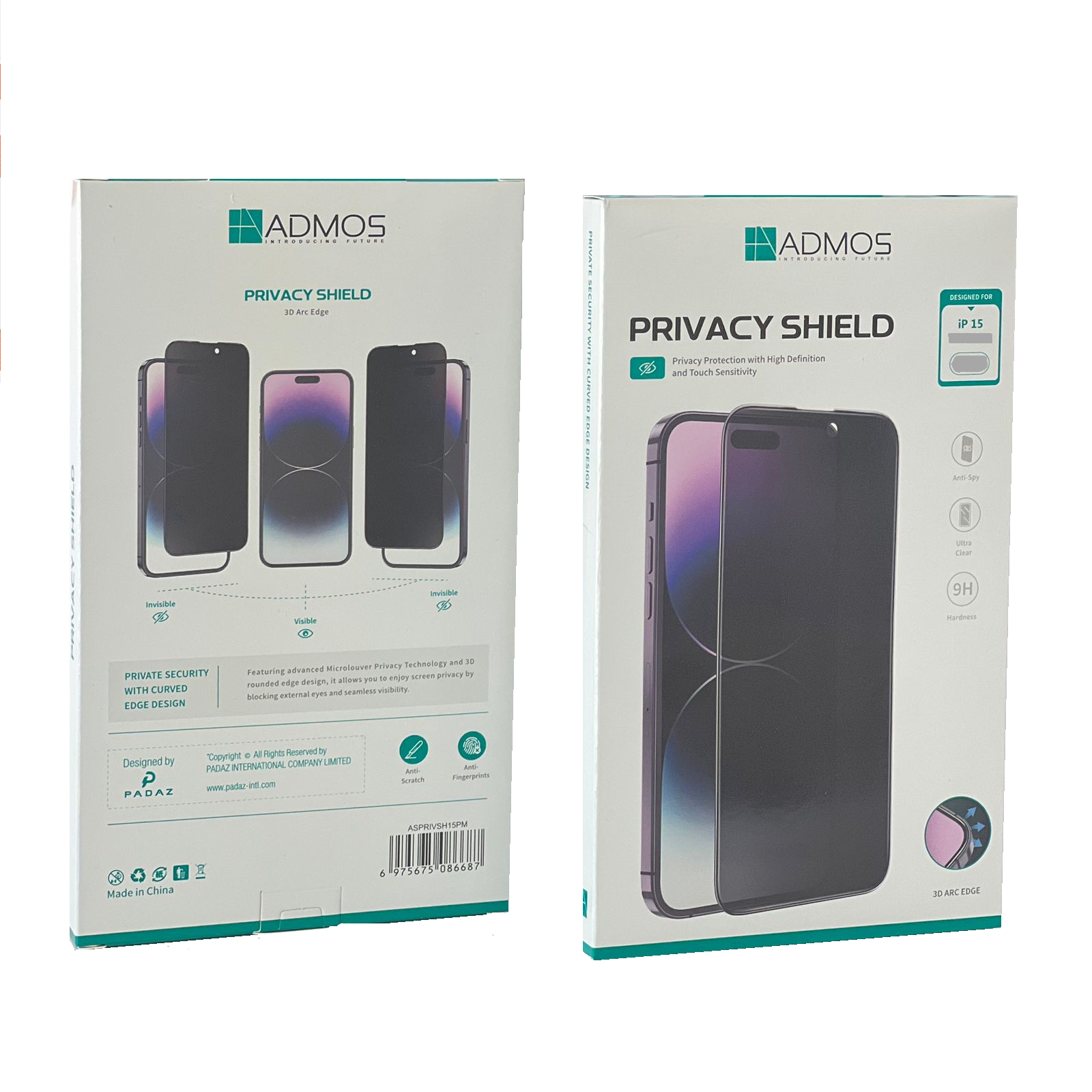 حماية شاشة Privacy Shield للايفون 15 برو مع منظف غبار من Admos - مخفي