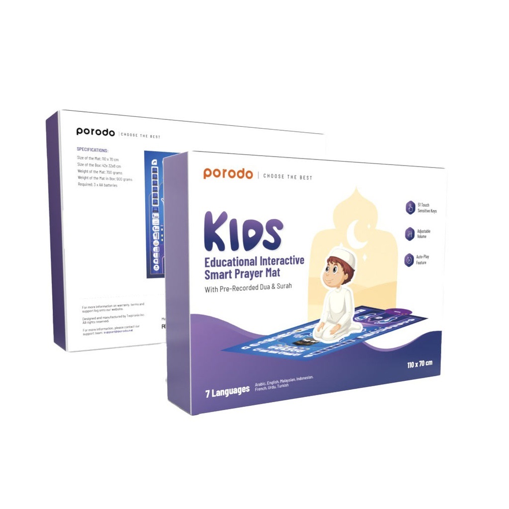 سجادة صلاة ذكية تفاعلية تعليمية للأطفال من Porodo مقاس 110 × 70 سم - أزرق
